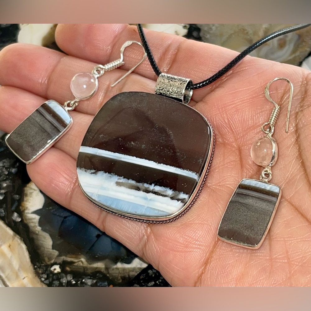 Blue Owyhee Opal & Rose Quartz Pendant & Earrings